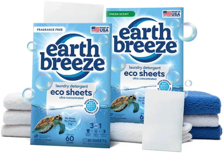 Earth Breeze laundry sheets in cardboard packaging